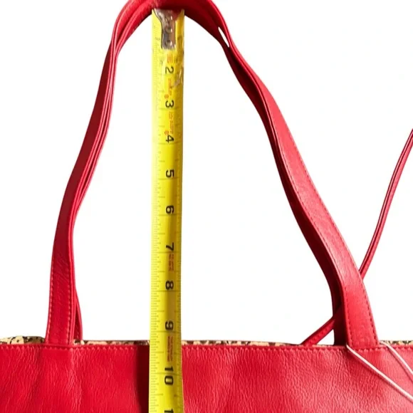 ILLI RED LEATHER TOTE BAG WITH LEOPARD PRINT LINING & MATCHING POUCH - Picture 5 of 8